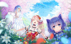  3girls :3 angel_wings black_choker blue_eyes blue_hair blue_sky blush braid breasts cherry_blossoms choker closed_mouth clothes_writing cloud commentary elbow_gloves elu_(nijisanji) fairy_wings falling_leaves feathered_wings flower french_braid gloves grass hair_flower hair_ornament koko_(koko3) large_breasts leaf light_blue_hair long_hair moira_(nijisanji) mole mole_under_mouth multiple_girls nijisanji open_mouth outdoors photoshop_(medium) pointy_ears rainbow short_sleeves side_ponytail sky smile tokyo_tower twintails virtual_youtuber white_gloves wings yellow_eyes yuuki_chihiro yuuki_chihiro_(1st_costume) 