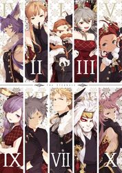  5boys 5girls ahoge anre_(granblue_fantasy) bare_shoulders black_gloves blonde_hair blue_eyes brown_eyes brown_hair cane cape commentary_request draph dress eahta_(granblue_fantasy) erune facial_hair feower_(granblue_fantasy) fif_(granblue_fantasy) finger_to_mouth formal glove_pull gloves granblue_fantasy grey_eyes grey_hair hachimaki hair_intakes hair_ornament hairband halterneck harvin hat headband hibitono horns light_purple_hair long_hair moustache multiple_boys multiple_girls niyon_(granblue_fantasy) open_mouth pink_eyes pink_hair purple_hair red_dress red_eyes red_hair seofon_(granblue_fantasy) seox_(granblue_fantasy) smile thick_eyebrows threo_(granblue_fantasy) tien_(granblue_fantasy) tweyen_(granblue_fantasy) white_hair 