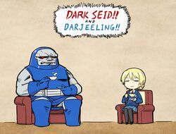  1boy artist_request blonde_hair closed_eyes crossover darjeeling darkseid dc_comics female girls_und_panzer gloves grey_skin helmet long_hair red_eyes sitting tea 