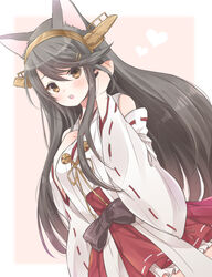  animal_ears bad_id bad_pixiv_id black_hair brown_eyes female hair_ornament hairband haruna_(kancolle) jakey kantai_collection kemonomimi_mode long_hair nontraditional_miko skirt solo 