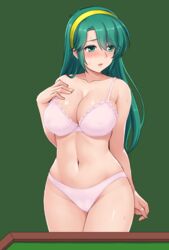  arm_behind_back blush bra breasts cleavage collarbone commentary_request female green_background green_eyes green_hair hairband hormone_koijirou long_hair looking_away medium_breasts navel open_mouth panties pink_bra pink_panties shoko_(super_real_mahjong) simple_background solo super_real_mahjong underwear underwear_only 