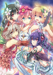  5girls bare_shoulders black_bra black_eyes black_hair blonde_hair blue_eyes bra braid bridal_gauntlets brown_eyes commentary_request duel_monster flower grey_hair hair_flower hair_ornament horns hug jyon104 leaf long_hair looking_at_viewer midriff multiple_girls open_mouth pink_eyes pink_hair purple_eyes smile tongue traptrix_atrax traptrix_dionaea traptrix_myrmeleo traptrix_nepenthes traptrix_rafflesia underwear very_long_hair yu-gi-oh! 