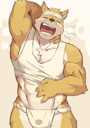  2018 abs absurd_res anthro asian_clothing biceps bodily_fluids canid canine canis closed_eyes clothing digital_drawing_(artwork) digital_media_(artwork) domestic_dog east_asian_clothing fundoshi fur hand_behind_head hi_res japanese_clothing kemono male mammal moki_(artist) muscular muscular_anthro muscular_male pecs shiba_inu shirt simple_background solo spitz tank_top tears topwear underwear wide_hipped_male wide_hips 