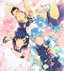  4boys bad_id bad_pixiv_id black_hair blue_eyes blue_hair bug butterfly canine circle_formation collar dramatical_murder dual_persona grin hat headphones headphones_around_neck long_hair multiple_boys ren_(dramatical_murder) sei_(dramatical_murder) sei_(hanibani) seragaki_aoba short_hair sleeping smile studded_bracelet studded_collar yellow_eyes 