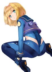  :o aqua_eyes ass back blonde_hair blunt_bangs bodysuit boots bracer commentary_request crop_top eyebrows female from_behind full_body gloves hairband heavy_object looking_back milinda_brantini ryuuno6 sailor_collar short_hair simple_background sitting solo wariza white_background 