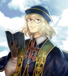  1boy blonde_hair book brown_eyes cloud commentary_request day glasses gloves granblue_fantasy hat jewelry long_hair male_focus necklace sky solo teeth ten_(kisako) upper_body will_(granblue_fantasy) 