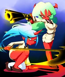  2girls female glasses green_hair gun handgun head_wings highres horn ingenmame kneehighs kneesocks kneesocks_(psg) multiple_girls nabeshiki_(ingenmame) panty_&amp;_stocking_with_garterbelt pistol pointy_ears red_skin scanty_(psg) scythe siblings silver_hair single_thighhigh sisters smile thighhighs weapon white_legwear yellow_eyes 