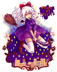  .flow adapted_object bat_wings bow broom broom_riding cityscape commentary_request english_text feline female flower flying full_body garactor_aduki hairbow halloween highres jitome lead_pipe long_hair night night_sky objectification oreko photoshop_(medium) pointy_footwear red_eyes sabitsuki sabitsuki_(cat) shoes sky solo star_(sky) thighhighs tongue tongue_out trick_or_treat white_hair wings 