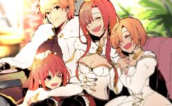  1boy 3girls blue_eyes boudica_(fate) boudica_(third_ascension)_(fate) breasts cape carimarica cleavage closed_eyes closed_mouth collar commentary_request earrings family fate/grand_order fate_(series) fur_trim hair_between_eyes hand_on_another&#039;s_head jacket jewelry large_breasts long_sleeves looking_at_another multiple_girls o-ring o-ring_top open_mouth red_hair shrug_(clothing) sitting smile 