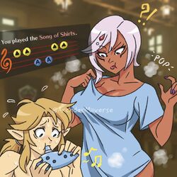  blonde_hair breasts cia_(zelda_musou) cleavage clothed_female_nude_male dark_skin gameplay_mechanics instrument large_breasts link makeup nail_polish nintendo nude ocarina sweat the_legend_of_zelda the_legend_of_zelda:_breath_of_the_wild white_hair zelda_musou 