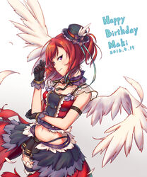  armlet black_gloves bow buttons commentary_request dated detached_collar double-breasted feather_skirt feathered_wings feathers female gloves hand_on_own_elbow happy_birthday hat hat_bow hat_feather hat_ribbon highres looking_at_viewer love_live! love_live!_school_idol_project midriff multicolored_clothes multicolored_skirt navel nishikino_maki one_side_up overskirt purple_eyes red_hair ribbon sanada_(tony2035176) short_hair skirt smile solo striped striped_bow twirling_hair white_feathers white_wings wings 