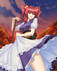  blush breasts commentary_request female fumizuki_homura hair_bobbles hair_ornament large_breasts obi onozuka_komachi open_mouth photoshop_(medium) red_eyes red_hair sash scythe short_hair skirt smile solo touhou two_side_up 