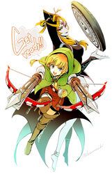  2girls aiming aiming_at_viewer barefoot bead_anklet blonde_hair blue_eyes boots breasts brown_gloves brown_shorts commentary_request compass crossbow crossbow_bolt dual_wielding english_text gloves glowing_tattoo green_hood hair_tie holding holding_crossbow holding_weapon hood hyrule_warriors linkle long_hair looking_at_viewer low_twintails medium_breasts midna midna_(true) multiple_girls open_mouth orange_hair pale_skin photoshop_(medium) red_eyes shirt shorts smile speech_bubble tak_(karasuki) the_legend_of_zelda the_legend_of_zelda:_twilight_princess thigh_boots triforce twintails weapon white_shirt 