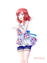  alternate_costume bare_arms bare_shoulders calligraphy_brush calligraphy_brush_(medium) commentary_request dated dress female floral_print graphite_(medium) love_live! love_live!_school_idol_project nishikino_maki open_mouth paintbrush purple_eyes red_hair roaru_(gyuren) short_hair simple_background sleeveless sleeveless_dress solo traditional_media white_background 