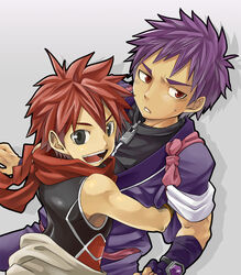  2boys blush ebitendon fingerless_gloves fukuoka_kousuke gloves kagoshima_kouji kyushu_sentai_danjija lolicon male male_focus multiple_boys purple_hair purple_shirt red_eyes red_hair red_scarf scarf shirt simple_background standing sweat torakichi_(ebitendon) yaoi 