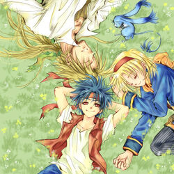  2boys ahoge arms_behind_head arms_up bandages black_legwear blonde_hair blue_hair blue_shirt cecilia_lynne_adelhyde circle_formation closed_eyes commentary_request creature day earrings female flower from_above gloves grass hairband hanpan headband hiromine_masaki jack_van_burace jewelry long_hair long_sleeves looking_at_viewer lying multiple_boys on_back on_grass on_side outdoors pantyhose red_eyes red_hairband red_vest rody_roughnight shirt short_hair short_sleeves simple_background sleeping smile vest white_shirt wild_arms wild_arms_1 