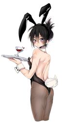  1boy alcohol animal_ears ass commentary_request cup detached_collar drinking_glass fake_tail male_focus male_playboy_bunny one-punch_man onsoku_no_sonic otoko_no_ko pantyhose playboy_bunny rabbit_ears rabbit_tail seitarou simple_background solo tail tray white_background wine wine_glass wrist_cuffs 