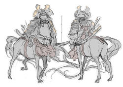  bow_(weapon) centaur crest full_body helmet japanese_armor japanese_clothes kabuto no_humans original partially_colored samurai_armor sode solo sumiyoshi_lyao tassel turn_around white_background 