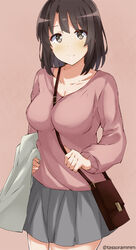  bag bangs banned_artist between_breasts black_eyes black_hair blush breasts grey_skirt katou_megumi looking_at_viewer medium_breasts saenai_heroine_no_sodatekata short_hair skirt smile solo strap_cleavage tasora 