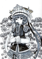  absurdres arm_garter armor balance_scale_print breasts buckle closed_mouth commentary_request cowboy_shot emblem eyelashes female flower frilled_skirt frilled_sleeves frills greyscale hat hat_ribbon high_collar highres holding hupose_deheluo large_breasts long_sleeves monochrome nose pauldrons photoshop_(medium) ribbon ribbon-trimmed_skirt ribbon_trim rod_of_remorse scales shiki_eiki shirt short_hair shoulder_armor skirt solo spider_lily standing touhou traditional_media vest weighing_scale 