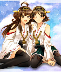  2girls ahoge black_eyes boots braid brown_eyes brown_hair commentary_request detached_sleeves hairband hiei_(kancolle) highres japanese_clothes kantai_collection karuta410 kongou_(kancolle) long_hair multiple_girls nontraditional_miko one_eye_closed open_mouth pantyhose sitting smile thigh_boots thighhighs 