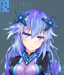  black_bodysuit blue_eyes blush bodysuit breasts commentary_request female hair_ornament hairclip highres long_hair medium_breasts mitsuba_(watergarden) neptune_(series) next_purple purple_bodysuit purple_heart_(neptunia) shin_jigen_game_neptune_vii smile solo symbol-shaped_pupils transparent upper_body 