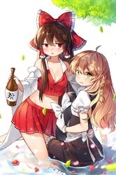  2girls :o ahoge bad_id bad_pixiv_id bare_legs bare_shoulders between_legs black_hat black_skirt blonde_hair bottle bow braid breasts brown_hair cleavage commentary_request crop_top detached_sleeves flower gamathx gloves green_eyes hair_between_eyes hair_tubes hairbow hakurei_reimu hat hat_bow holding holding_bottle holding_clothes holding_hat kirisame_marisa kneeling leaf long_hair looking_at_viewer medium_breasts midriff miniskirt multiple_girls partially_submerged puffy_short_sleeves puffy_sleeves red_bow red_eyes red_flower red_skirt ribbon-trimmed_skirt ribbon_trim sake_bottle short_sleeves side_braid sidelocks simple_background sitting skirt touhou unworn_hat unworn_headwear water white_background white_bow white_gloves wide_sleeves 