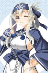  ainu ainu_clothes bandana blue_eyes blush breasts chains commentary_request cropped_jacket dress female folded_ponytail headband kamoi_(kancolle) kantai_collection keito_(keito-ya) large_breasts long_hair long_sleeves looking_at_viewer one_eye_closed patterned_background sideboob sidelocks sleeveless sleeveless_dress smile solo thick_eyebrows white_dress white_hair wrist_guards 