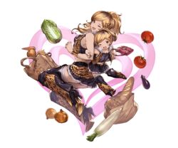  2girls ;&gt; back-to-back bag blonde_hair boots bracelet bread breasts brown_eyes brown_hair carrot cleavage earrings fangs food full_body fur_trim granblue_fantasy hair_ornament hairclip heart high_heel_boots high_heels jewelry long_hair medium_breasts midriff minaba_hideo miniskirt mother_and_daughter multicolored_hair multiple_girls navel nene_(granblue_fantasy) official_art one_eye_closed ponytail skirt thighhighs tomato transparent_background v yae_(granblue_fantasy) 