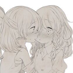  2girls bad_id bad_twitter_id blush bow braid collared_shirt commentary detached_sleeves face-to-face frown greyscale hair_tubes hairbow hakurei_reimu half_updo iiha_toobu imminent_kiss kirisame_marisa long_hair monochrome multiple_girls puffy_short_sleeves puffy_sleeves sarashi shirt short_sleeves side_braid single_braid sweat touhou vest yuri 