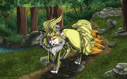  ambiguous_gender baulders canid canine fakemon feral forest fusion generation_1_pokemon generation_7_pokemon grass hi_res hybrid leaf light lycanroc mammal multi_tail nature ninetales nintendo outside path plant pokemon pokemon_(species) pokemon_fusion pond red_eyes rock shiarah solo spikes sunlight tail tree water 