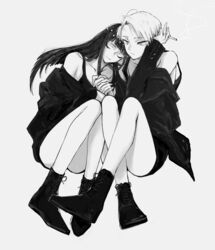  2others alternate_costume androgynous blunt_bangs boots cairngorm_(houseki_no_kuni) cigarette closed_eyes commentary_request contemporary grey_background greyscale highres holding_hands houseki_no_kuni jacket jewelry kusamura_dai lapis_lazuli_(houseki_no_kuni) leaning_on_person long_hair monochrome multiple_others other_focus ring short_hair sitting smile straight_hair 