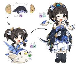  :d animal bird black_hair black_thighhighs blue_dress blue_gloves blunt_bangs brown_eyes clover commentary_request crescent crescent_pin cropped_legs crystal_ball detached_sleeves dress earrings egg elbow_gloves evolution female flying frilled_skirt frills fujii_tomo gloves hatching highres idolmaster idolmaster_cinderella_girls jewelry level_up looking_at_viewer moon_(ornament) mount multiple_views one_eye_closed open_mouth orb partial_commentary pointing pointing_forward pointy_ears riding riding_bird simple_background skirt smile spawnfoxy star_(symbol) stuffed_animal stuffed_bird stuffed_toy thighhighs translated twintails white_background white_gloves white_skirt wide_sleeves zettai_ryouiki 