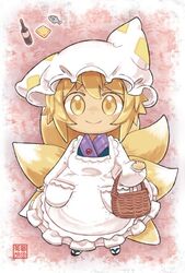  animal_hat apron basket blonde_hair bottle chibi commentary_request female fish food fox_tail frilled_apron frills full_body hat long_sleeves looking_at_viewer mob_cap multiple_tails pink_background pmx puffy_long_sleeves puffy_sleeves sandals short_hair smile socks solo tail tofu touhou white_apron white_hat white_socks yakumo_ran yellow_eyes 