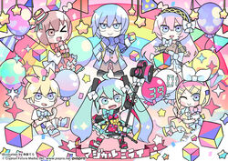  39 3boys 3girls ;&gt; ;&lt; artist_name balloon blue_bow blue_eyes blue_neckwear bow bowtie brown_hair clenched_hand closed_mouth commentary_request copyright_name dress hair_between_eyes hair_ornament hairband hatsune_miku heart kagamine_len kagamine_rin kaito_(vocaloid) long_hair looking_at_viewer magical_mirai_(vocaloid) magical_mirai_kaito magical_mirai_kaito_(2018) magical_mirai_len magical_mirai_len_(2018) magical_mirai_luka magical_mirai_luka_(2018) magical_mirai_meiko_(2018) magical_mirai_miku magical_mirai_miku_(2018) magical_mirai_rin magical_mirai_rin_(2018) megurine_luka multicolored_background multicolored_eyes multicolored_footwear multicolored_hair multicolored_hairband multiple_boys multiple_girls official_art one_eye_closed open_mouth polka_dot purple_eyes red_bow red_bowtie star_(symbol) striped terada_tera vocaloid yellow_dress 