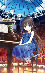  auditorium bare_shoulders black_hair blue_bow blue_dress blue_ribbon blue_sky blunt_bangs blush bobby_socks bow brown_hair chair cloud collarbone crescent crescent_earrings crown cura dress duplicate earrings female flower frilled_socks frills full_body gloves grand_piano hachiroku_(maitetsu) hair_ribbon hair_rings hairbow half_updo hands_on_lap highres indoors instrument jewelry leaf long_hair looking_at_viewer maitetsu mini_crown own_hands_together piano pixel-perfect_duplicate plant red_eyes red_footwear ribbon rose sash sheet_music shoes sitting sky smile socks solo very_long_hair white_flower white_gloves white_rose white_socks wooden_floor 