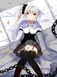  :o absurdres bad_id bad_pixiv_id black_thighhighs cape chains clothes_lift female frey_(machine-doll) from_above garter_straps grey_hair highres juliet_sleeves layered_sleeves long_hair long_sleeves looking_at_viewer lying machine-doll_wa_kizutsukanai on_back panties pantyshot parted_lips petals photoshop_(medium) puffy_sleeves red_eyes rose_petals senya_fuurin shade side_ponytail skirt skirt_lift solo sunlight thighhighs underbust underwear white_panties 