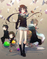  3boys a_(kyousougiga) beads black_hair black_legwear blue_eyes bow brown_eyes brown_hair commentary_request female hairbow hami_(lvct) hammer highres holding koto_(kyousougiga) kyousougiga long_hair long_sleeves multiple_boys myoue ponytail prayer_beads priest red_eyes sandals scarf school_uniform serafuku shadow shoes short_hair silhouette sitting skirt smile socks squatting standing sweater un_(kyousougiga) weapon 