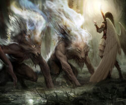  all_fours ambiguous_gender angel anthony_francisco canid canine feathered_wings feathers feral glowing group growth hasbro magic magic:_the_gathering mammal mythological_canine mythological_creature mythology official_art outside rear_view sharp_teeth signature standing teeth were werecanid werecanine werewolf wings wizards_of_the_coast wolfir 