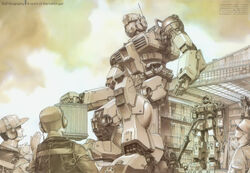  gm_(mobile_suit) gundam hangar kinoshita_tomotake mecha military mobile_suit_gundam official_art 