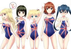  5girls :d adapted_costume alice_cartelet arm_up black_hair blue_eyes blush breasts brown_eyes brown_hair clenched_hands collarbone commentary_request competition_school_swimsuit covered_navel doll flag_print hair_bun hand_on_own_hip holding_hands inokuma_youko ishizu_kayu kin-iro_mosaic kokeshi komichi_aya kujou_karen lineup long_hair looking_at_another looking_at_viewer looking_to_the_side matching_outfits medium_breasts multiple_girls nose_blush one-piece_swimsuit oomiya_shinobu open_mouth print_swimsuit school_swimsuit short_hair single_hair_bun small_breasts smile spoken_animal swimsuit thigh_gap twintails union_jack white_background 