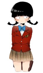  1boy black_eyes black_hair blush bowl_cut braid commentary_request crossdressing highres kageyama_shigeo long_hair male_focus mob_psycho_100 pleated_skirt school_uniform seitarou simple_background skirt solo sweatdrop twin_braids white_background 