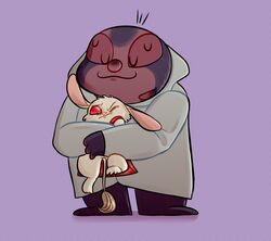  2018 4_eyes alien cape closed_eyes clothed clothing coat digital_media_(artwork) disney dotted_background dr._jacques_von_hamsterviel duo fur hi_res hug hugging_another hugging_from_behind jumba_jookiba kweltikwan lab_coat lilo_and_stitch multi_eye one_eye_closed pattern_background pink_nose purple_background purple_body purple_skin red_eyes simple_background size_difference smile sweaterch topwear white_body white_fur 