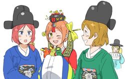  4girls :o ;d ^_^ anyan_(jooho) ayase_eli bad_link blonde_hair blush bow brown_hair closed_eyes gat_(korean_traditional_hat) grin hair_over_shoulder hair_ribbon hairbow hoshizora_rin hwalot image_sample jokduri koizumi_hanayo korean_clothes korean_traditional_hat love_live! love_live!_school_idol_project minami_kotori_(bird) multiple_girls naver_sample nishikino_maki one_eye_closed open_mouth orange_hair ponytail red_hair ribbon short_hair simple_background smile sweatdrop wedding white_background wide_sleeves yellow_bow 