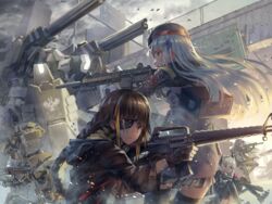  aamond absurdres assault_rifle beret black_hat black_jacket black_pantyhose black_thighhighs blunt_bangs braid brown_eyes brown_hair closed_mouth commentary_request cyclops_(girls&#039;_frontline) eyepatch facial_mark fingerless_gloves girls&#039;_frontline gloves green_eyes grey_hair gun h&amp;k_hk416 h&amp;k_ump hair_between_eyes hair_ornament hat headgear heckler_&amp;_koch highres hk416_(girls&#039;_frontline) holding holding_gun holding_weapon hydra_(girls&#039;_frontline) jacket kcco_(girls&#039;_frontline) long_hair long_sleeves m16 m16a1 m16a1_(girls&#039;_frontline) m4_carbine m4_sopmod_ii m4_sopmod_ii_(girls&#039;_frontline) multicolored_hair multiple_girls open_mouth pantyhose parted_lips pink_hair plaid plaid_skirt rifle robot scar scar_across_eye scar_on_face skirt streaked_hair submachine_gun teardrop thighhighs ump45_(girls&#039;_frontline) weapon white_hair 