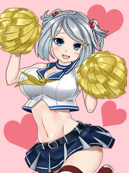  belt blue_eyes breasts cheerleader cleavage commentary_request female grey_hair hair_ornament hairclip hamakaze_(kancolle) hand_up kantai_collection large_breasts midriff navel neckerchief open_mouth pleated_skirt pom_pom_(cheerleading) school_uniform serafuku short_hair sin_(kami148) skirt smile solo stomach yellow_neckerchief 