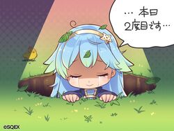  :&gt; accident ahoge bird blue_hair closed_eyes commentary crying eco_(petticoat) eve_ainsworth female grass hairband hole leaf long_hair official_art pop-up_story solo st._feles_gakuen_uniform tears translated 