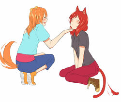  2girls :d ^_^ animal_ears bad_id bad_pixiv_id between_legs blush capri_pants casual cat_ears cat_tail closed_eyes dog_ears dog_tail from_side hand_between_legs hand_on_another&#039;s_chin inuzuka_bouru kosaka_honoka love_live! love_live!_school_idol_project multiple_girls nishikino_maki one_side_up open_mouth orange_hair pants profile red_hair shirt shoes smile stroking_another&#039;s_chin t-shirt tail tail_wagging 