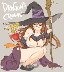  &gt;_&lt; 2girls apple bad_id bad_pixiv_id bare_legs bare_shoulders bespectacled blonde_hair blush breasts brown_hair cleavage closed_eyes detached_sleeves dragon&#039;s_crown fairy fairy_wings flying_sweatdrops food fruit glasses hat huge_breasts large_breasts long_hair multiple_girls pointy_ears sorceress_(dragon&#039;s_crown) squatting staff takagi_hideaki tiki_(dragon&#039;s_crown) torn_clothes twintails wings witch_hat 