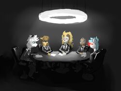  4:3 a2 amarantus anthro bovid canid canine canis caprine chip_(chaoschaocrack) clothing dimly_lit giraffe giraffid grey_background group mammal meeting rain_katana saucy_(character) scalie simple_background sky_blue suit wolf 